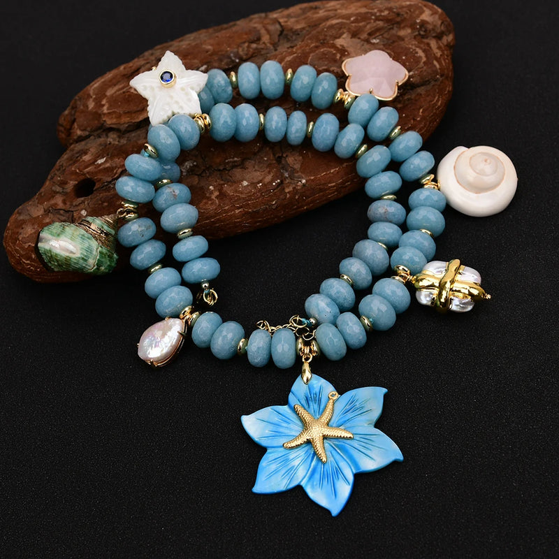 Natural Blue Jade Quartz and White Pearl Multi Shell Stone Pendant Necklace for Women