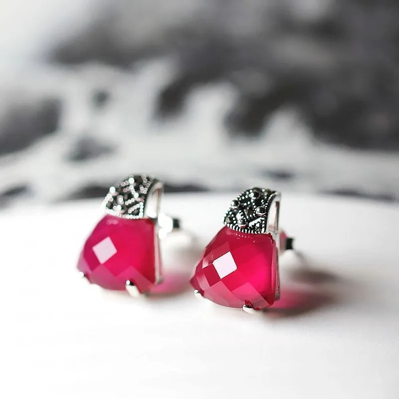 Sterling Silver Red Gemstone Stud Earrings for Women