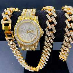 Gold Iced Out Diamond Men's Watch and Jewelry Set with Cuban Link Chain