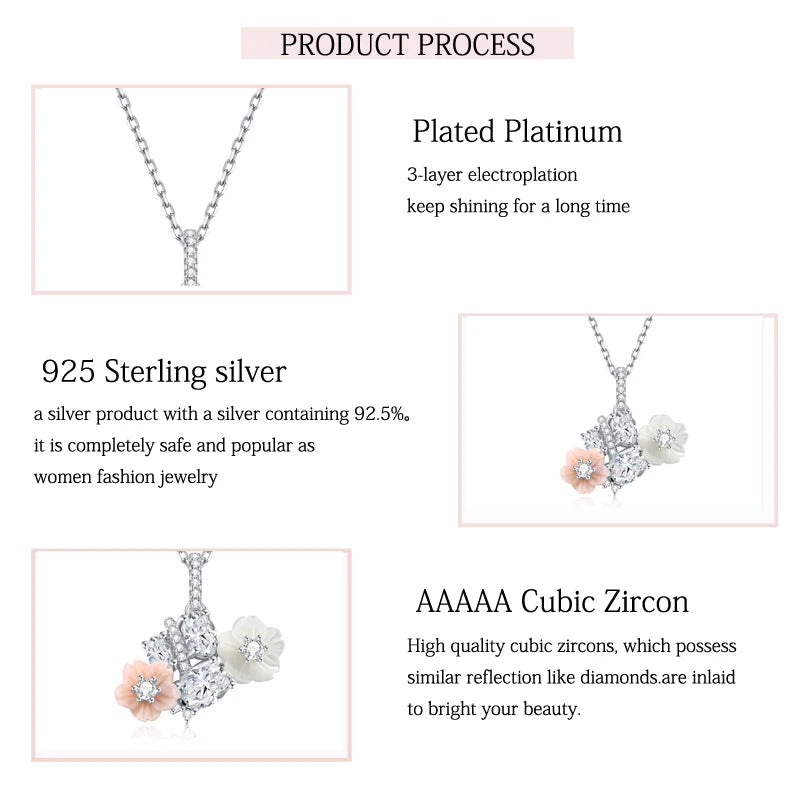 925 Sterling Silver White Pink Shell Flower Zircon Necklace for Women