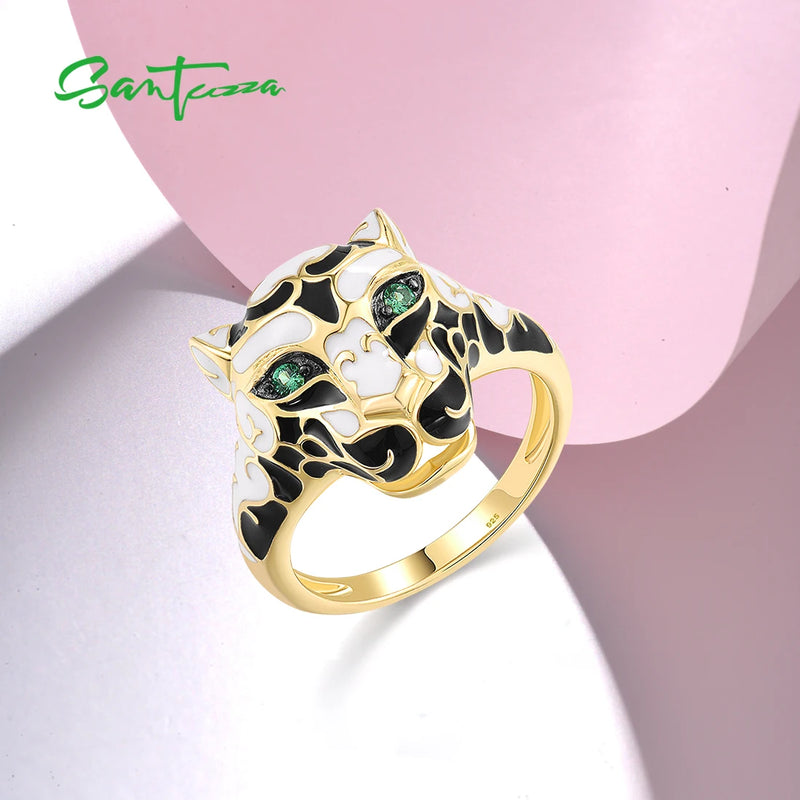 Sterling Silver Black White Leopard Ring with Green Spinel for Women