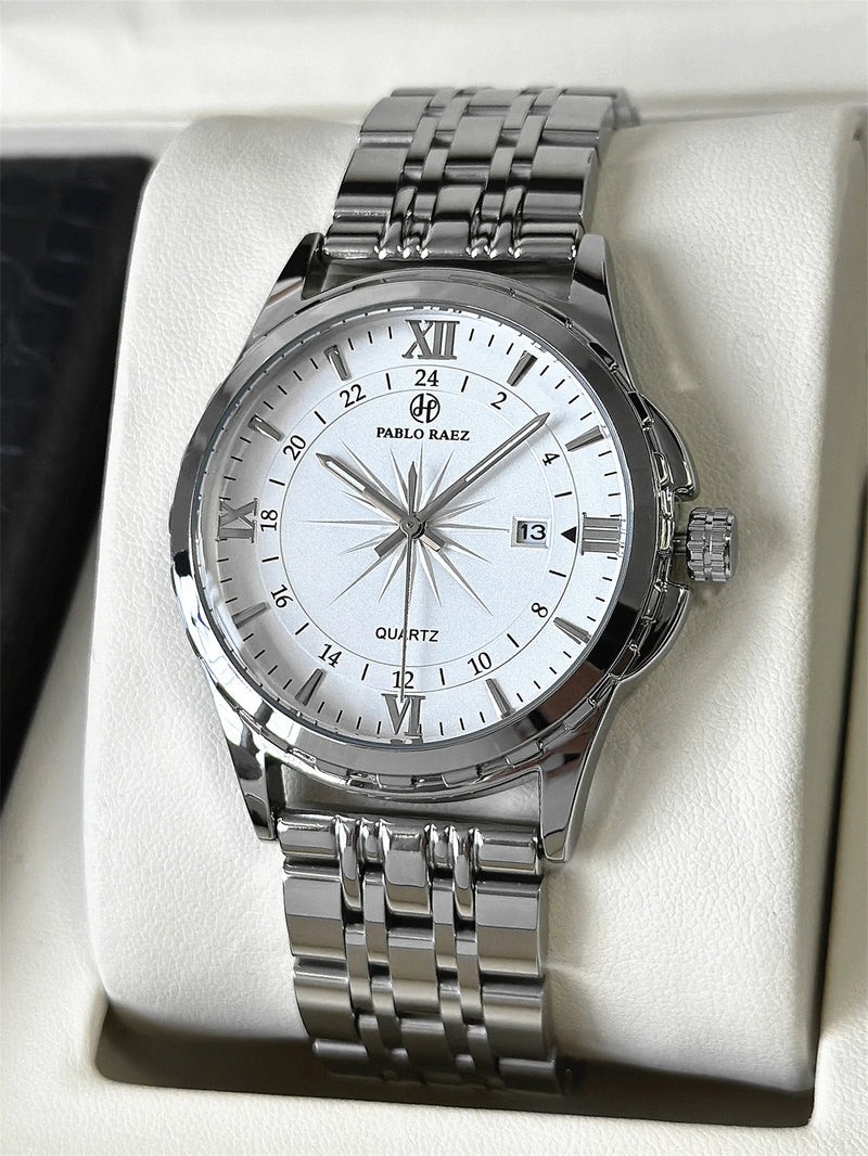 Luxury Silver Stainless Steel Wristwatch with Luminous Display and Waterproof Design for Men