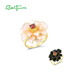 Sterling Silver Lotus Flower Garnet Ring for Women