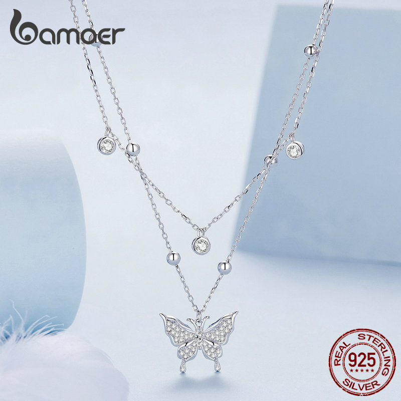 925 Sterling Silver Double-layer Tassel Butterfly Pendant Necklace for Women