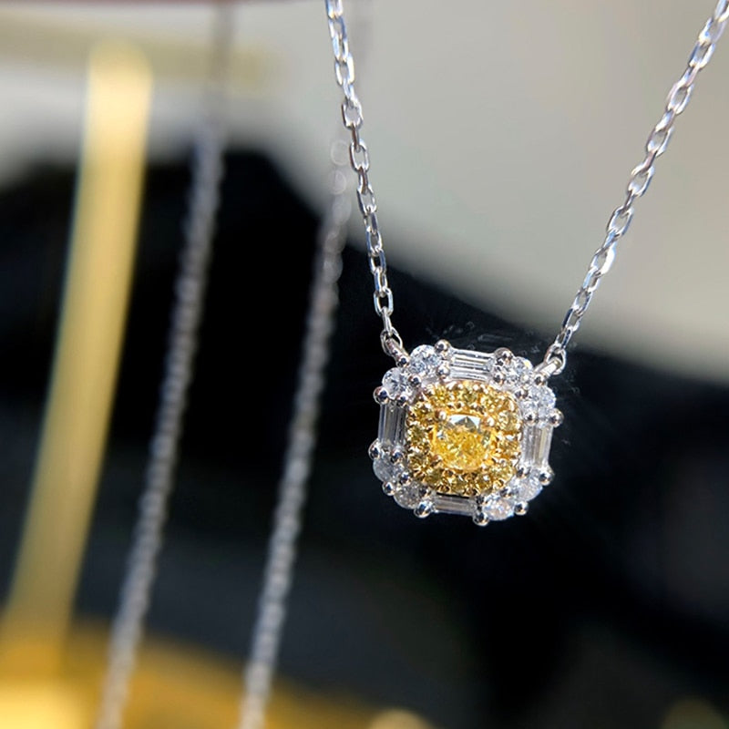 18K White Gold Yellow Diamond Square Pendant Necklace for Women