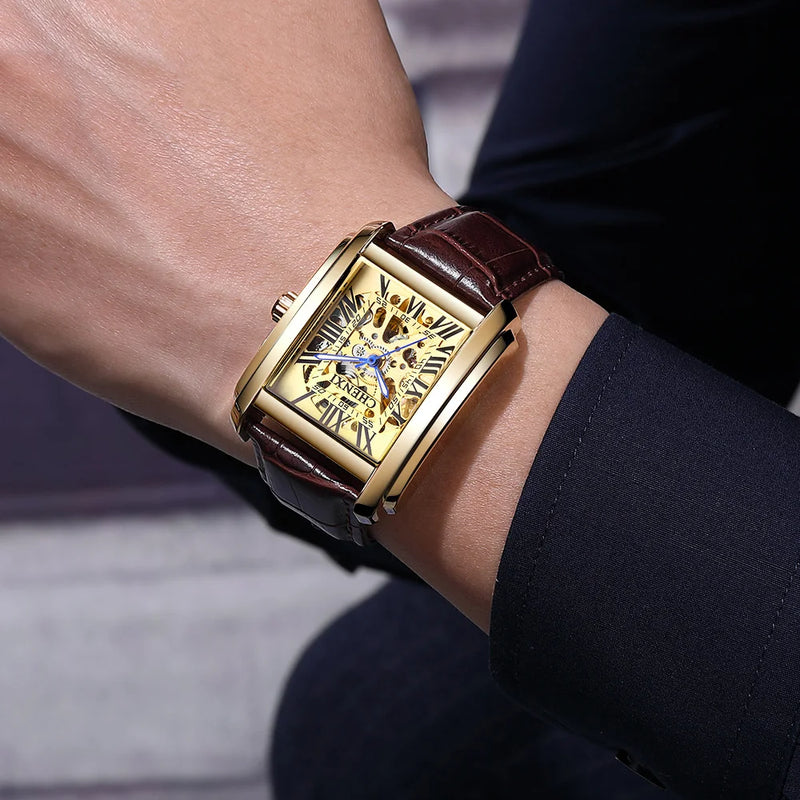 Gold Automatic Skeleton Tourbillon Mechanical Wristwatch for Men