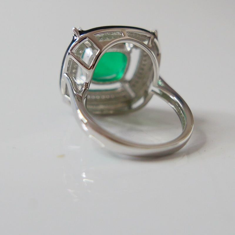 925 Sterling Silver Black Enamel Cushion Created Emerald Ring for Women