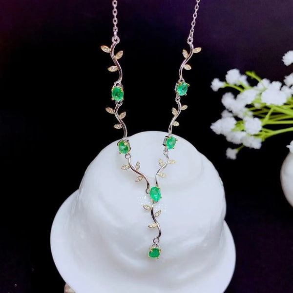 925 Sterling Silver Natural Emerald Pendant Necklace