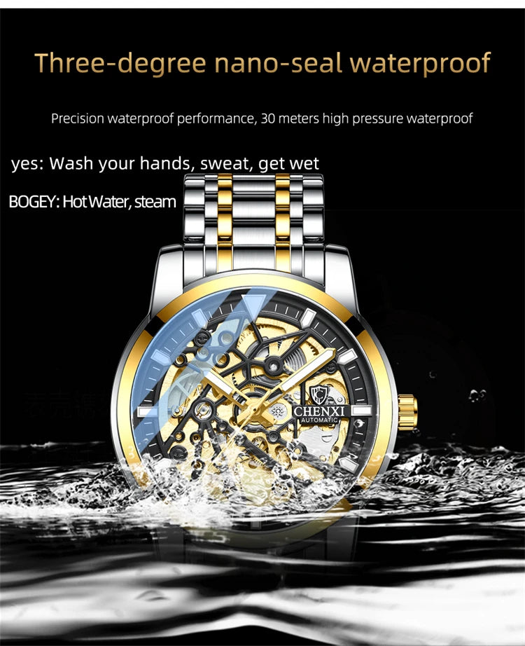 Stainless Steel Leather Strap Automatic Mechanical Watch for Men