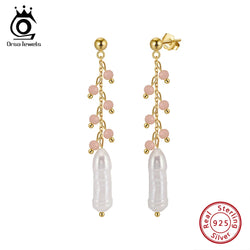 925 Sterling Silver Pink Opal and Baroque Pearl Dangle Earrings with 14K Gold Plated Pendant for Women