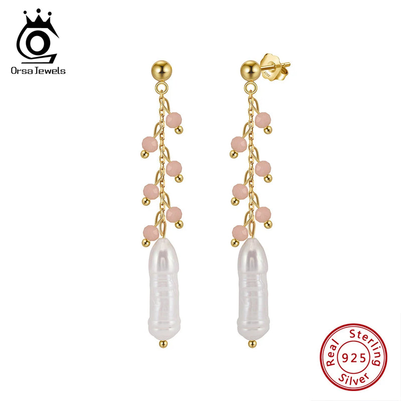 925 Sterling Silver Pink Opal and Baroque Pearl Dangle Earrings with 14K Gold Plated Pendant for Women