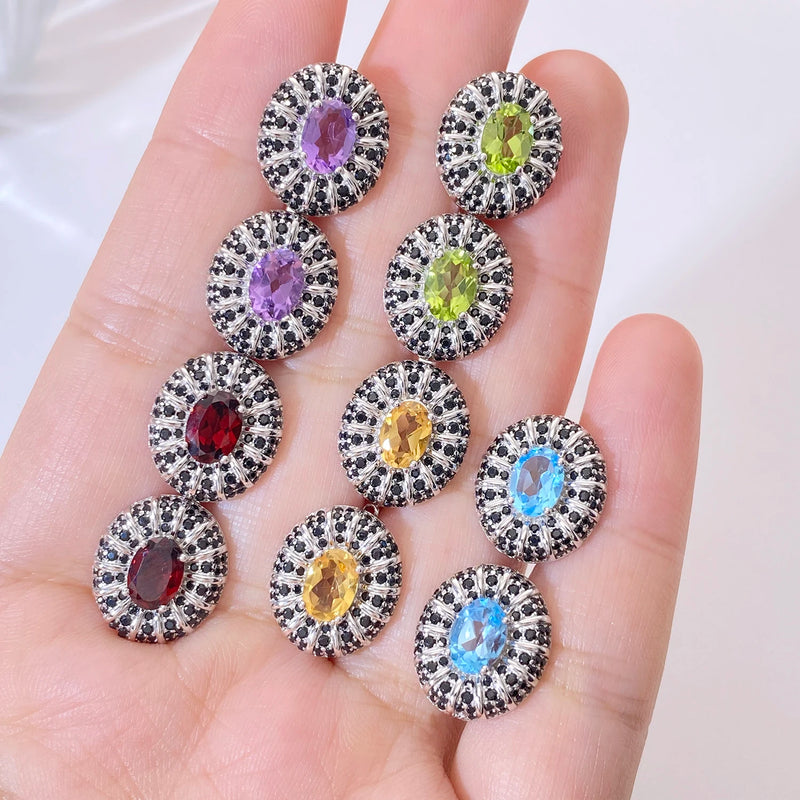 Sterling Silver 0.50 Ctw Natural Garnet Amethyst Peridot Citrine Topaz Black CZ Stud Earrings for Women