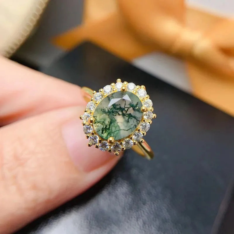 Sterling Silver Natural Moss Agate Ring for Women