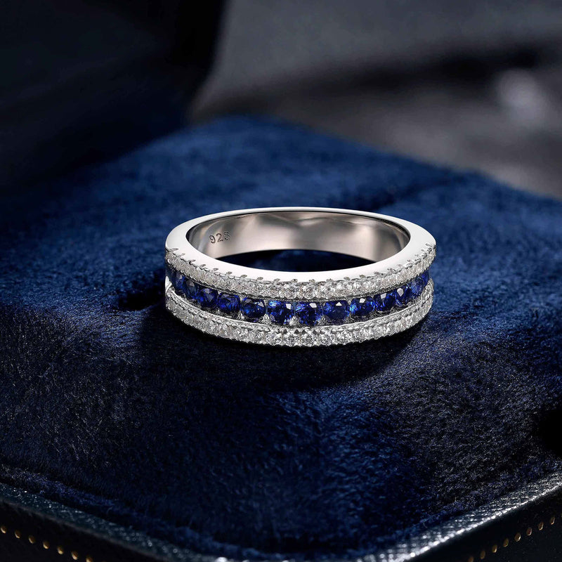 Sterling Silver White Blue Sapphire Eternity Wedding Ring for Women