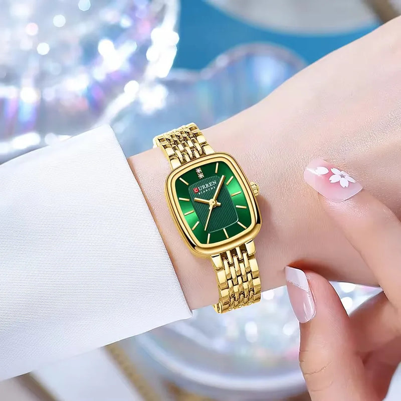 Gold Rectangular Dial Quartz Watch Bracelet for Lady