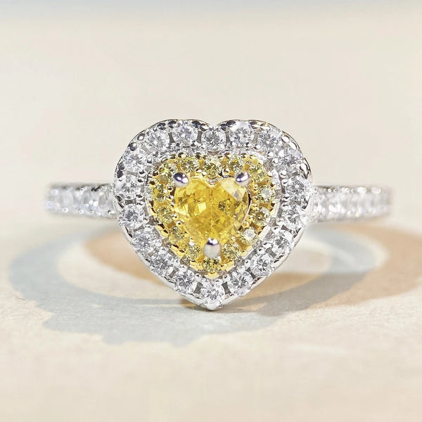 Sterling Silver Crushed Ice Cut Heart Lab Citrine and Sapphire Engagement Ring for Women