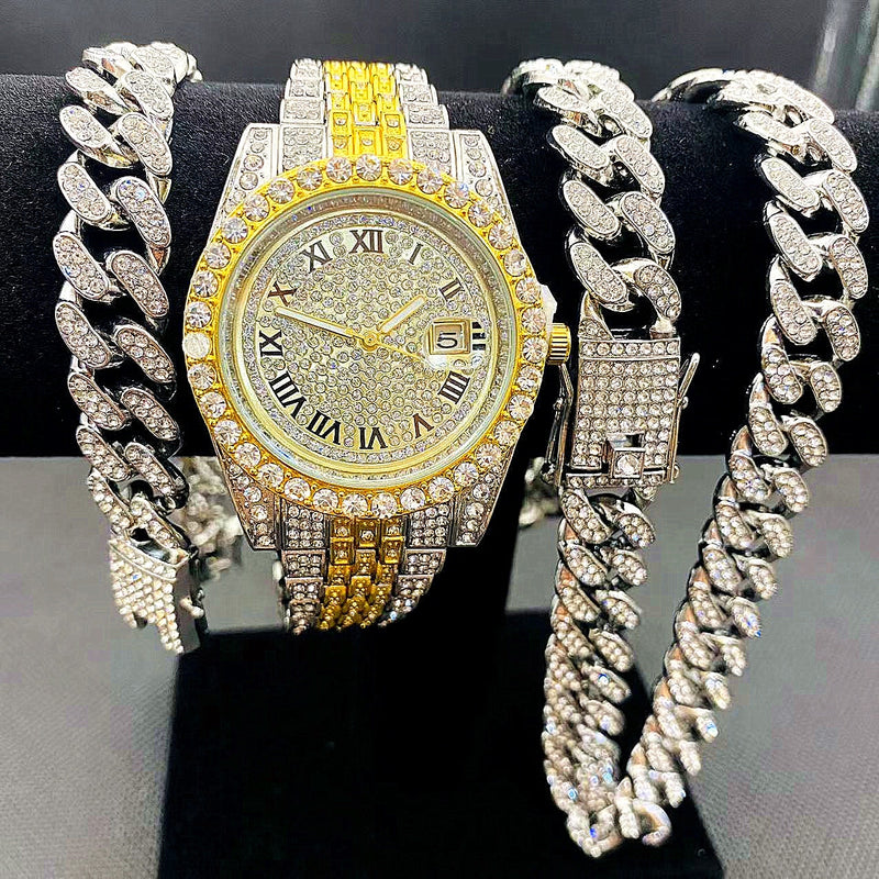 14K Gold Iced Out Watches Men's Cuban Link Chain Bracelet Necklace Set for Men