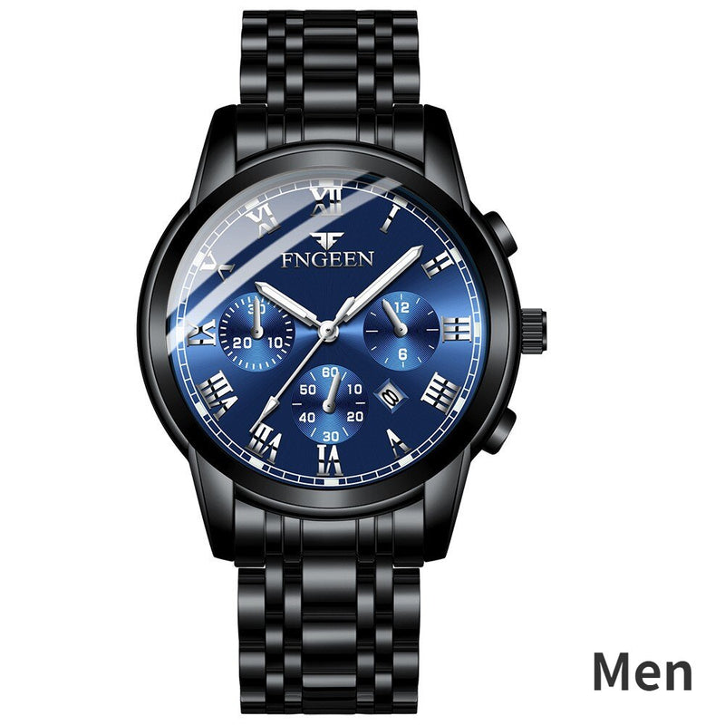 Stainless Steel Black Luminous Calendar Date Watch with three eyes and six pins for Men and Women