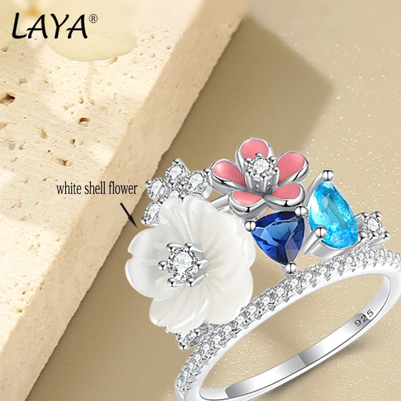 Sterling Silver White Shell Flower Zircon Ring for Women