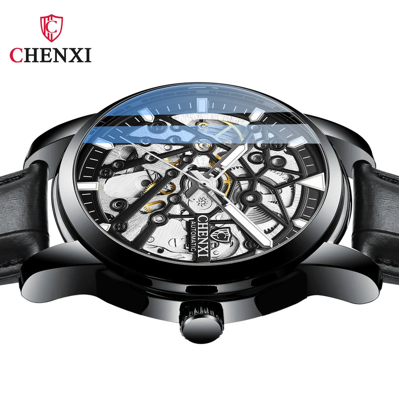 Stainless Steel Leather Strap Automatic Mechanical Watch for Men