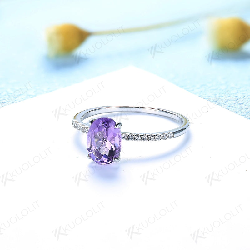 925 Sterling Silver Natural Amethyst Oval Gemstone Rings for Women