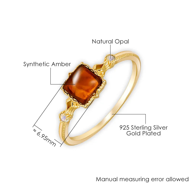 925 Sterling Silver Gold Vermeil Synthetic Amber Square Ring for Women