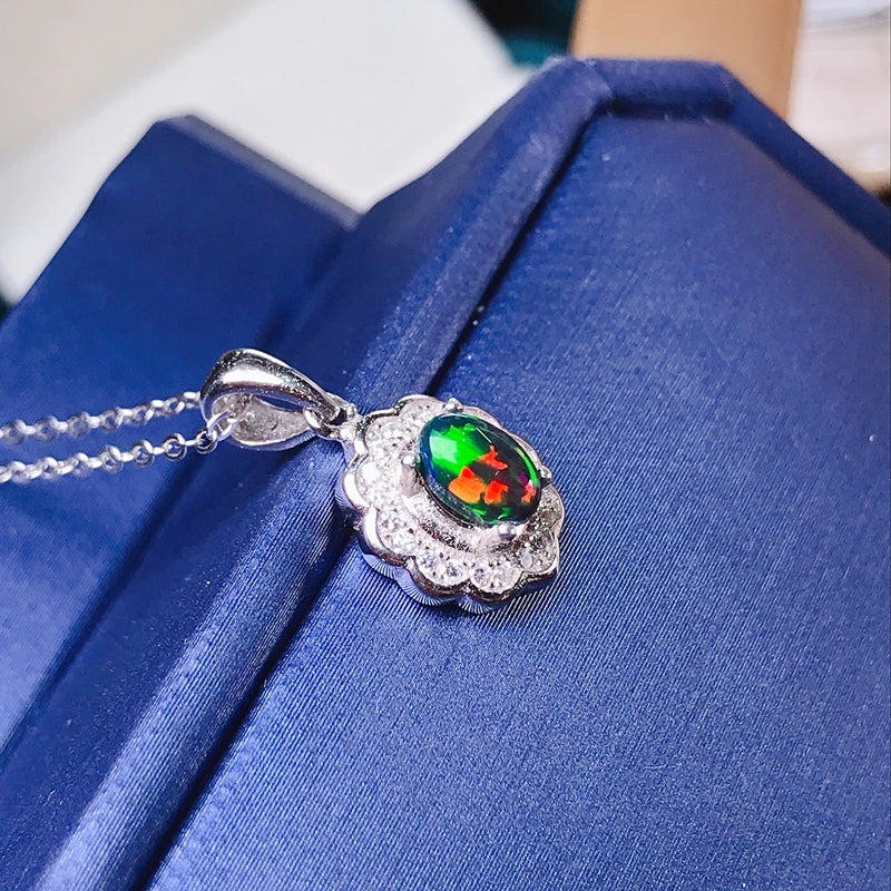 925 Silver Black Opal Necklace, Small with Beautiful Fire Colors