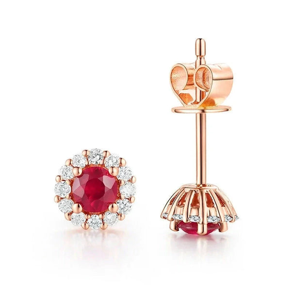 14K Rose Gold Ruby & Diamond Stud Earrings for Women