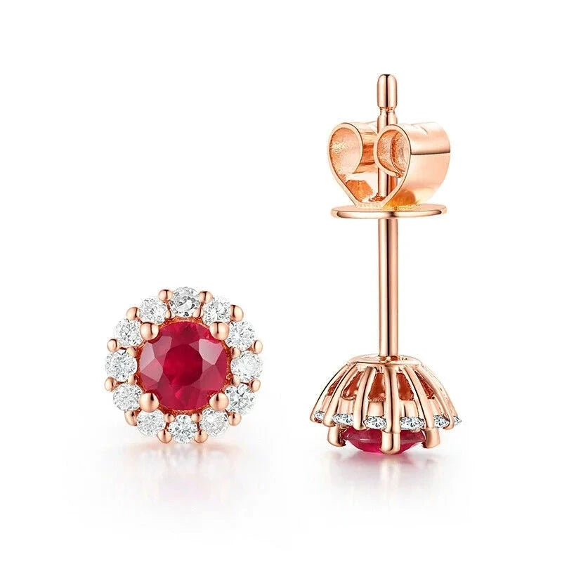 14K Rose Gold Ruby & Diamond Stud Earrings for Women