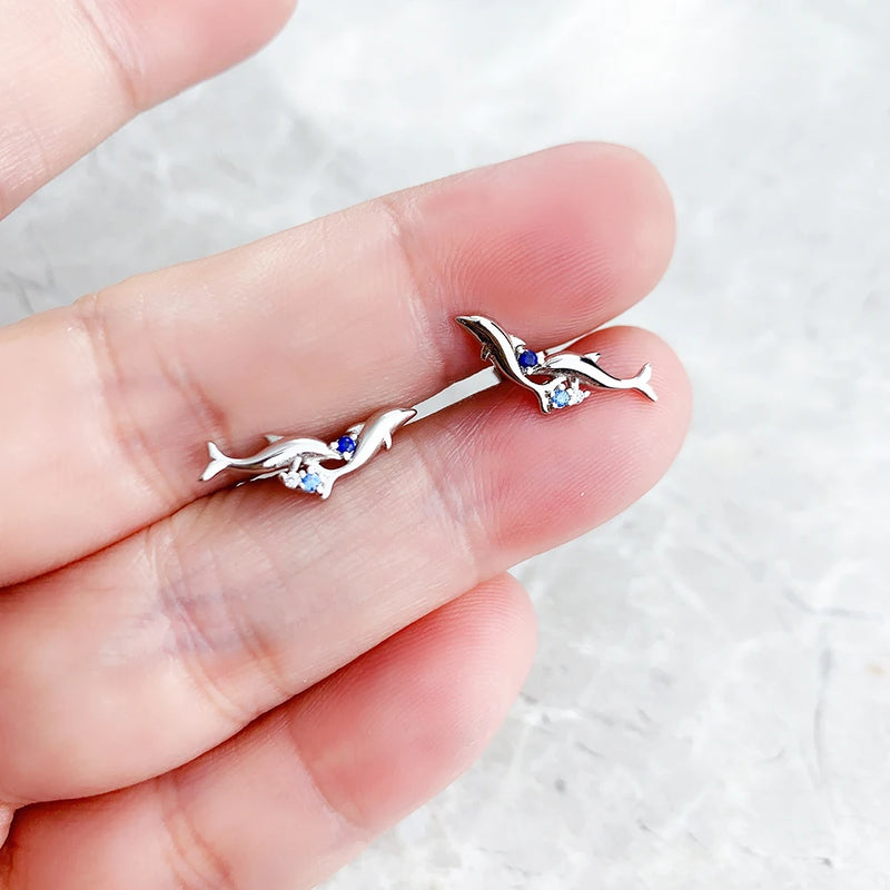 925 Sterling Silver Dolphin Ear Climbers with Blue Stones for Women