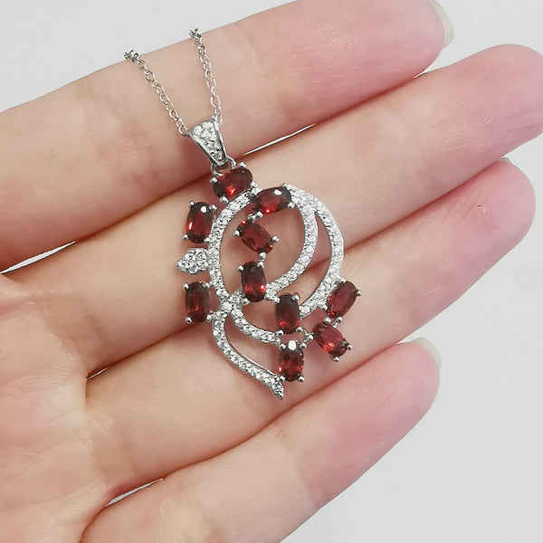 Sterling Silver Garnet Geometric Pendant Necklace for Women