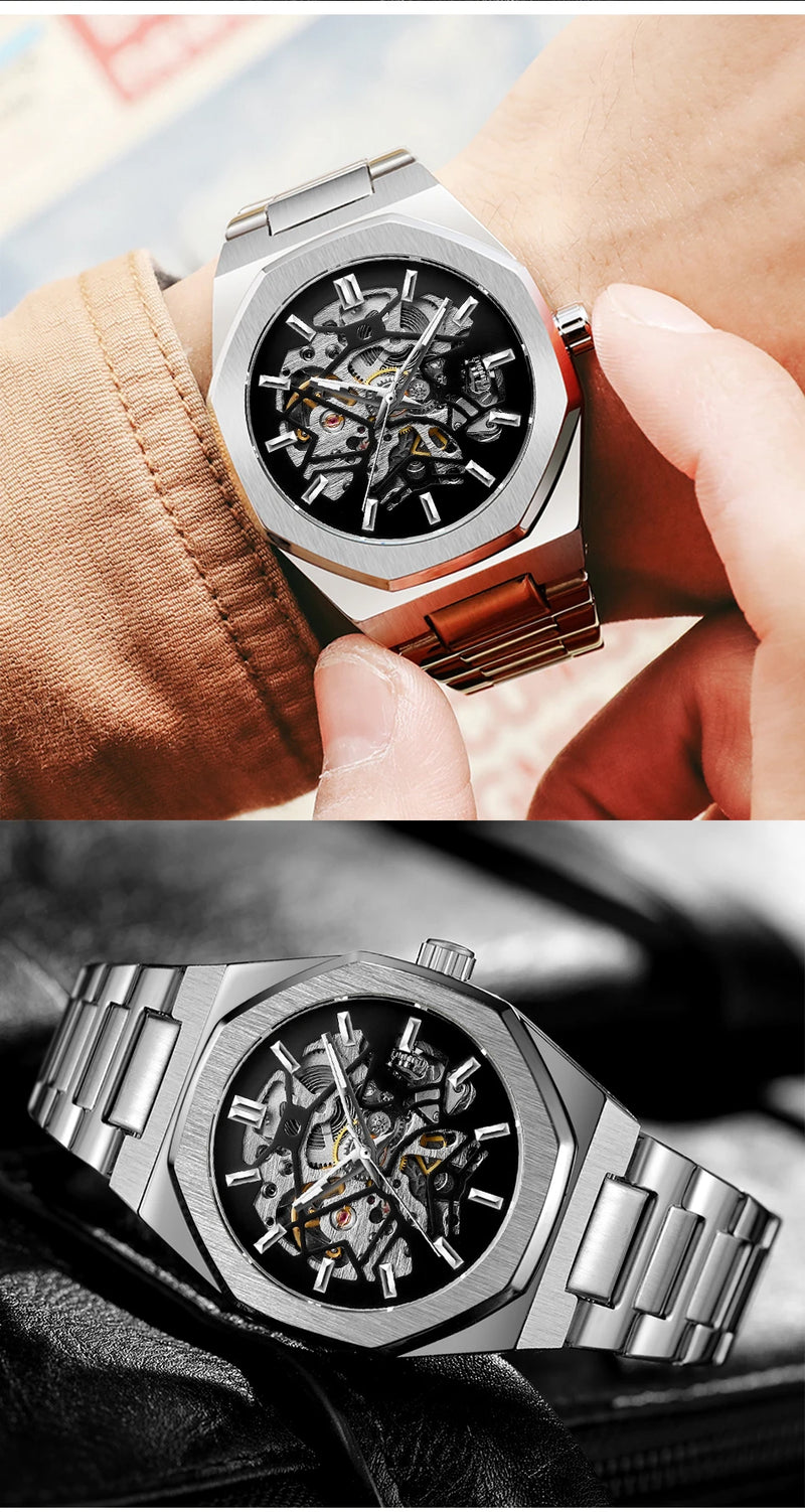 Stainless Steel Skeleton Automatic Watch for Men