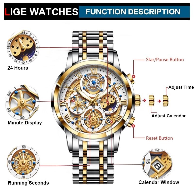 Stainless Steel Quartz Chronograph Sports Watch for Men