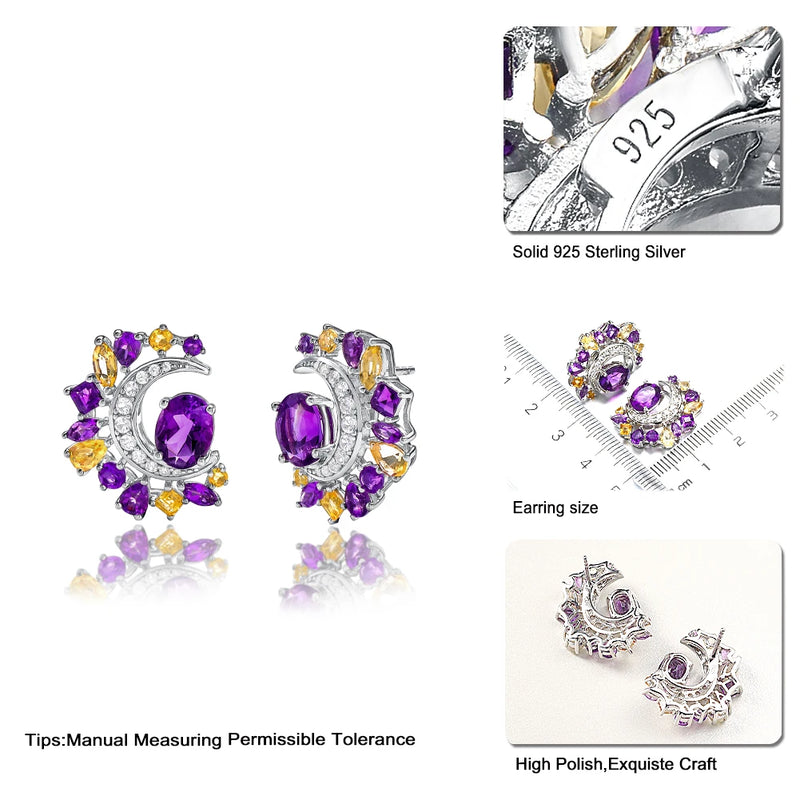 925 Sterling Silver Amethyst Citrine Gems Earrings with Moon Design for Women