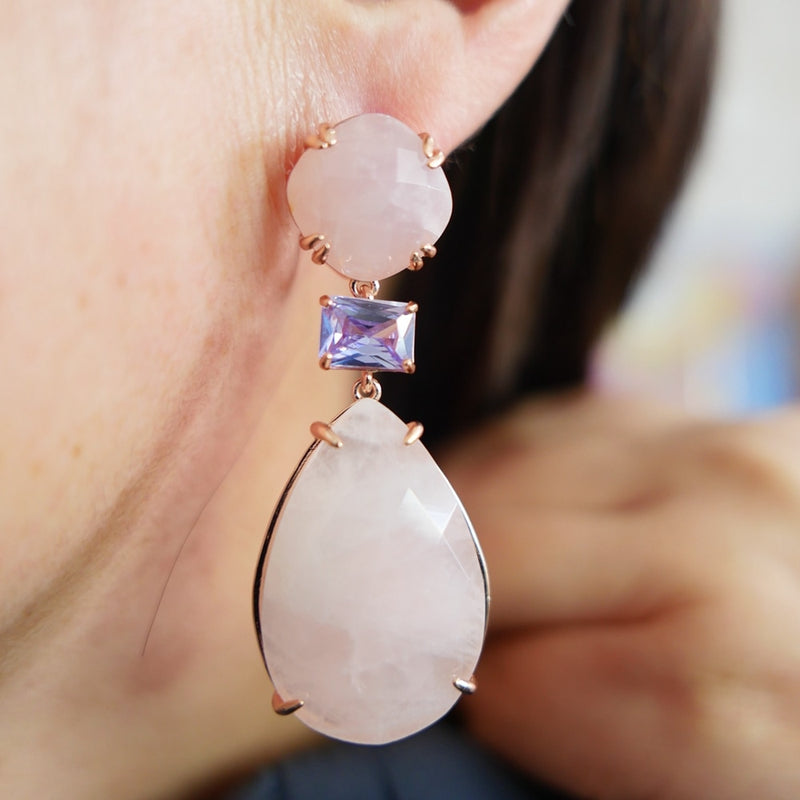 Silver 925 Rose Quartz and Amethyst Dangle Earrings with Water Drop Stone for Women