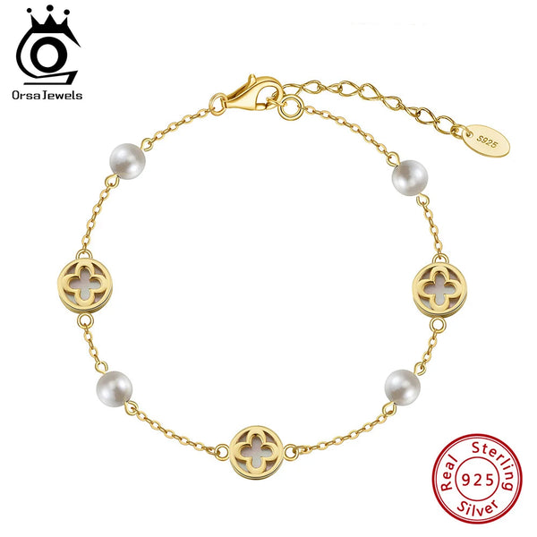 14K Gold 925 Sterling Silver Round Shell Bracelet with Four Leaf Flower Chain