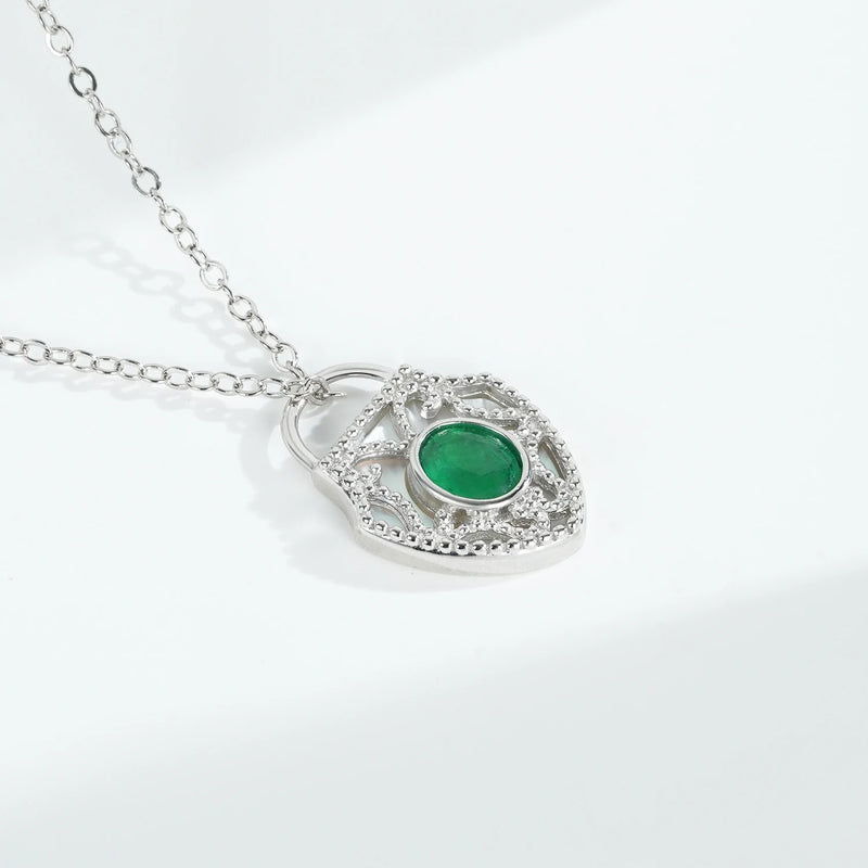 Sterling Silver Lock Shield Pendant with Green Emerald Inlay for Women