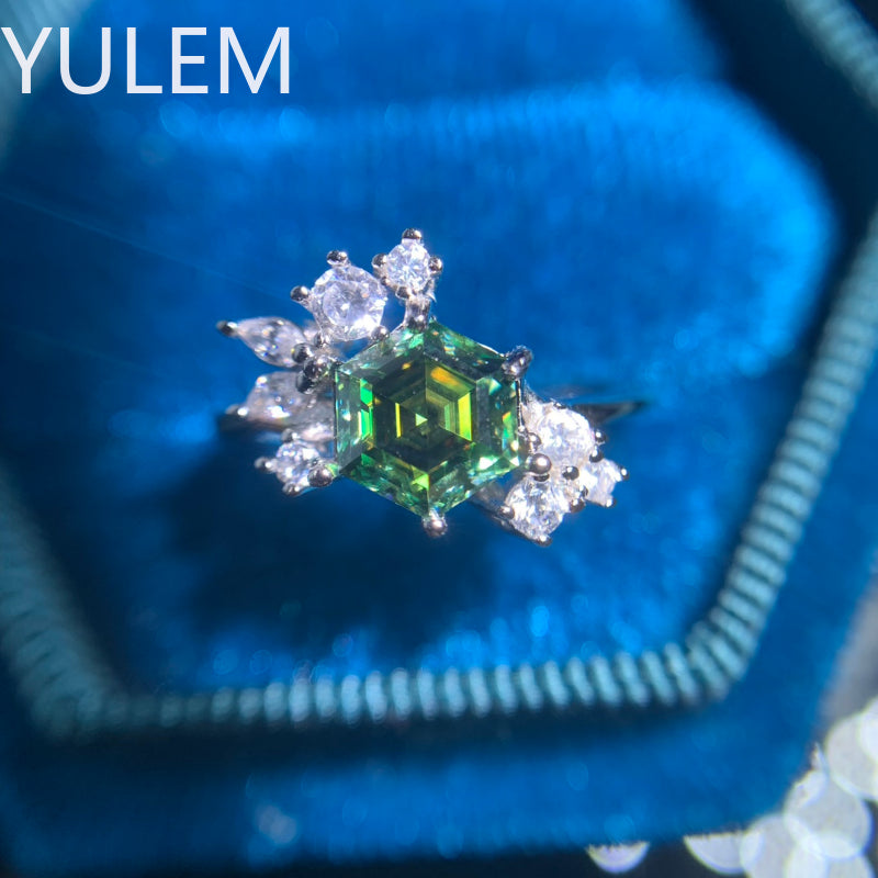 Sterling Silver 1CT Hexagon Green Moissanite Ring for Women