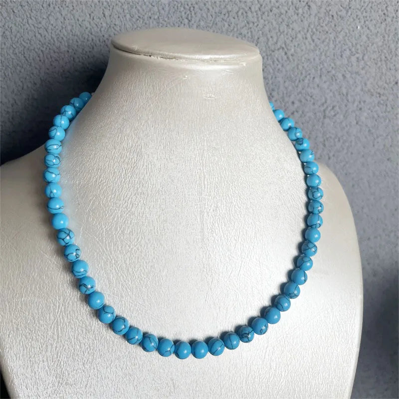 Silver 8mm Blue Turquoise Necklace with Black Lines for Female