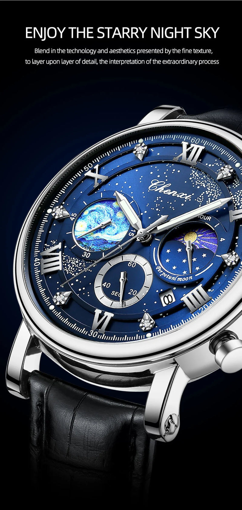 Stainless Steel Sun Stars & Moon Phase Quartz Watch for Men