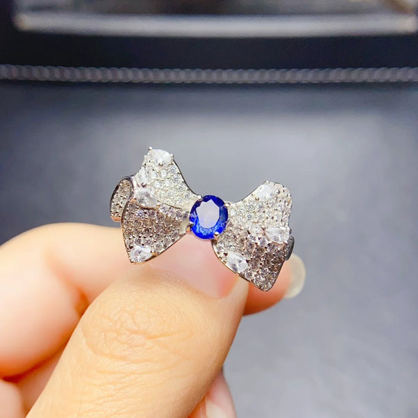 Sterling Silver Natural Sapphire Zircon Bow Ring for Women