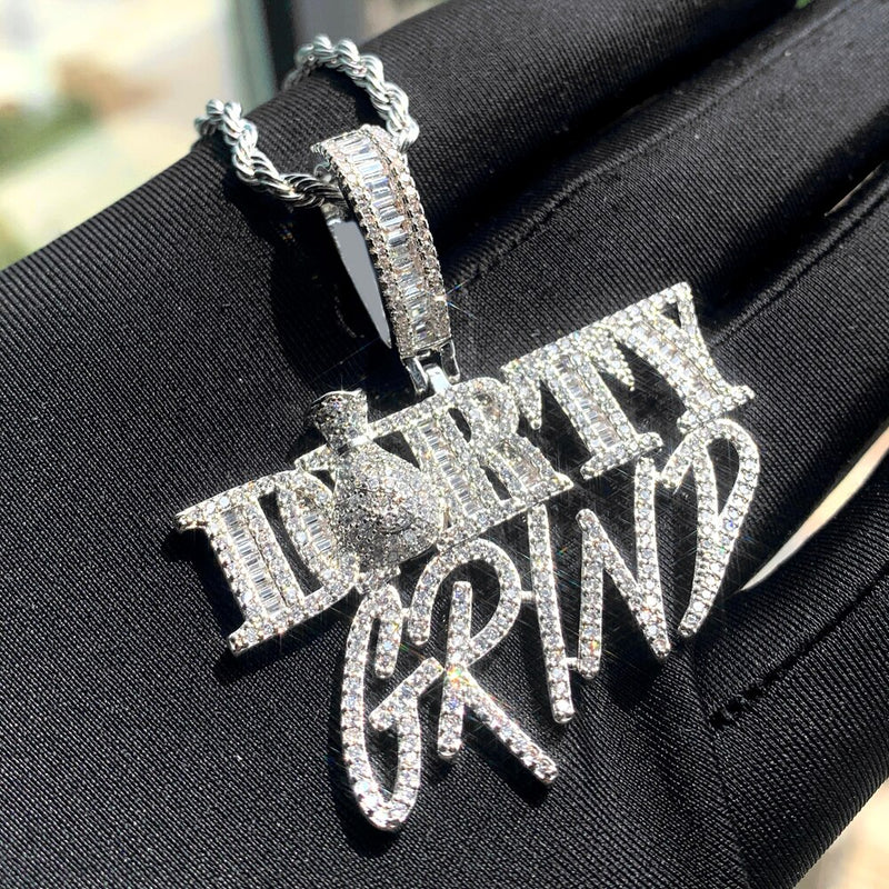 Silver Iced Out Bling Money Grind Pendant Necklace with Cubic Zirconia, Cursive Letters Charm for Men