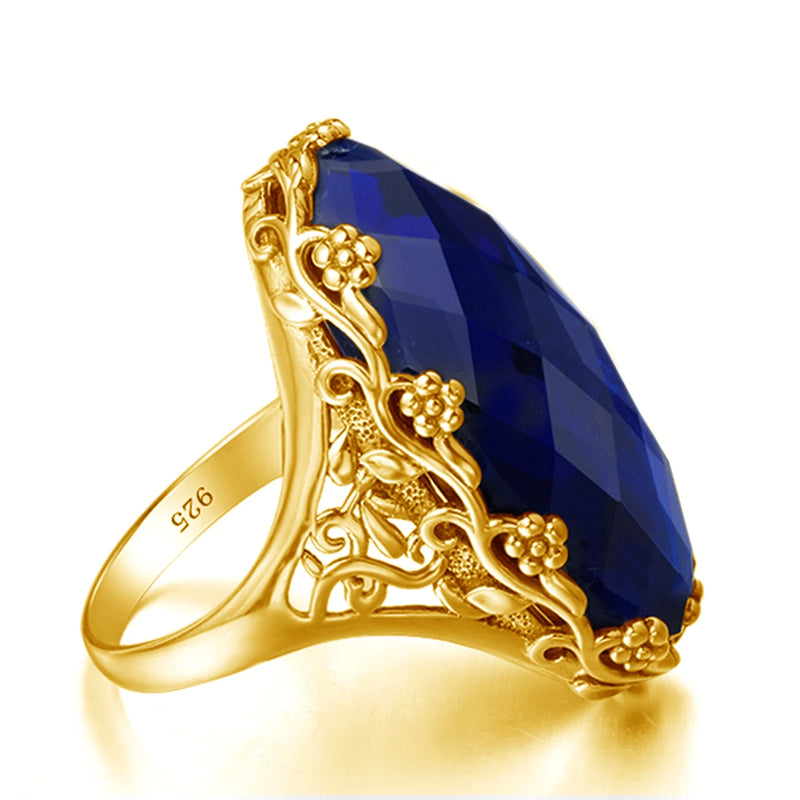 Gold Sapphire Ring with Engraved Flower Design for Women