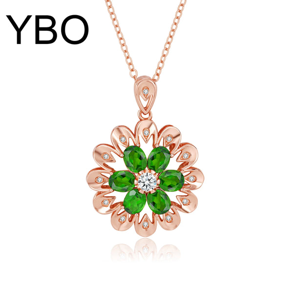 Rose Gold Plated 925 Sterling Silver Flower Pendant Necklace with Diopside Gemstones for Women