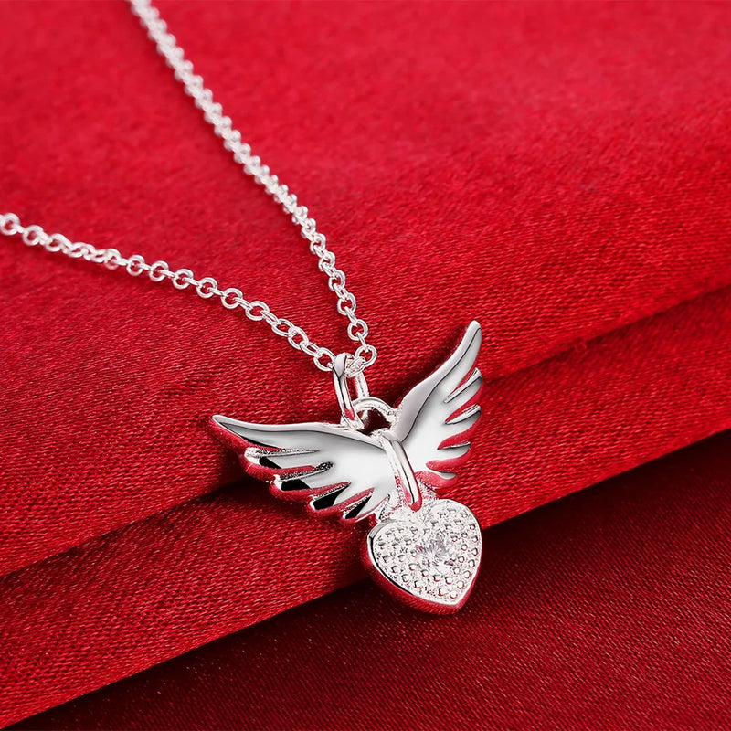 Sterling Silver 18 inches Zircon Heart Wings Pendant Necklace for Women