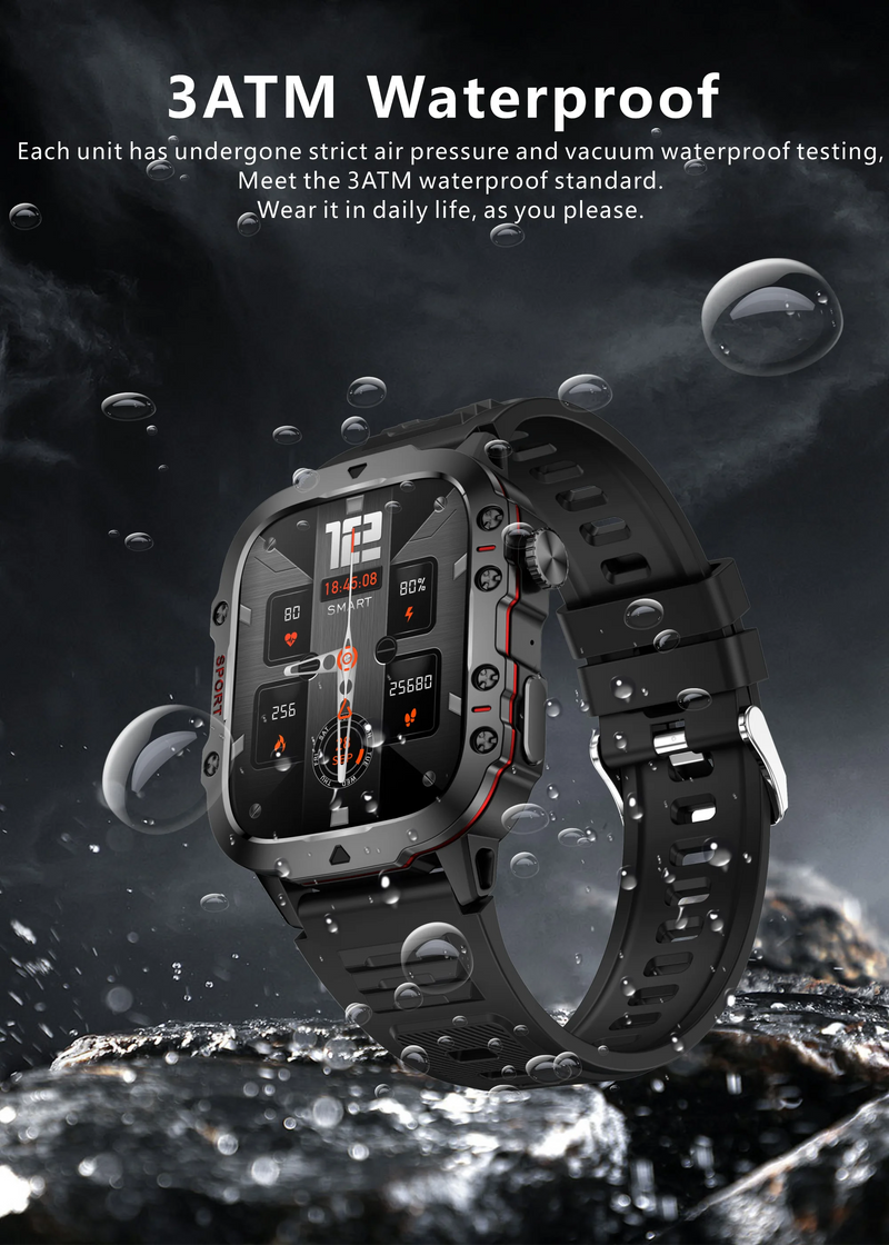 Rugged Military-Style Fitness Smart Watch for Android & IOS, Featuring 3ATM Waterproofing, Sport Functionality, and AI Voice Calling - Ideal for Outdoor Adventures