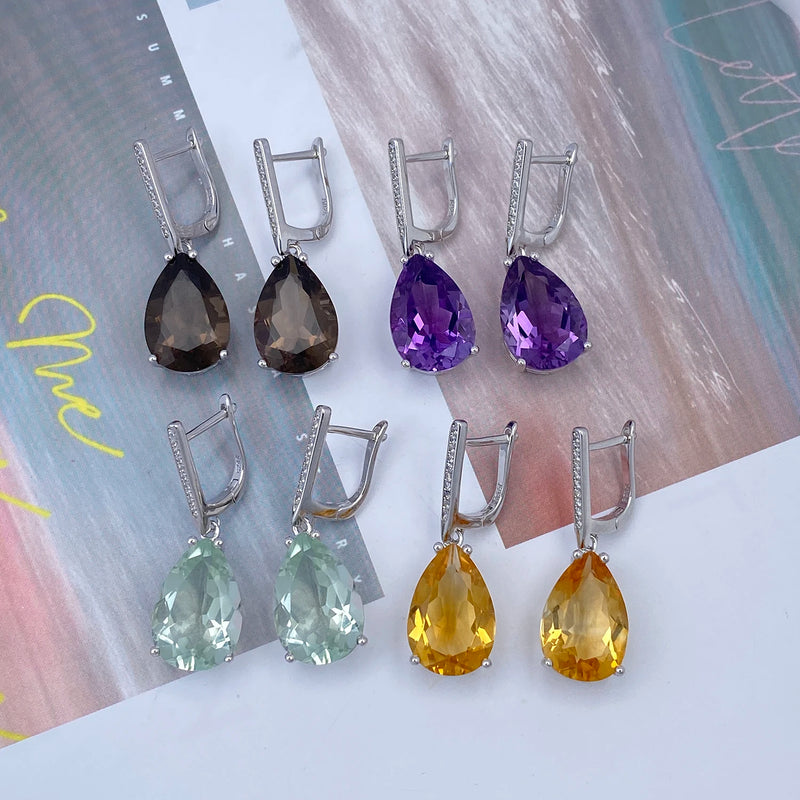 925 Sterling Silver Natural Gemstone Inlay Dangle Earrings for Women