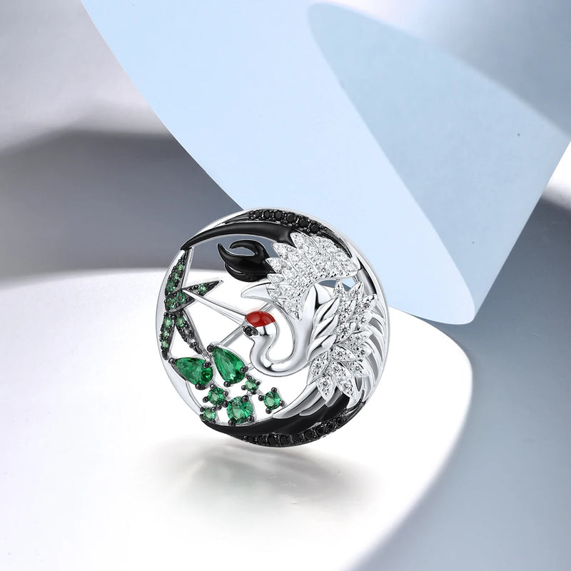 925 Silver Brooch with CZ, Spinel, and Red-Crowned Crane Design for Women