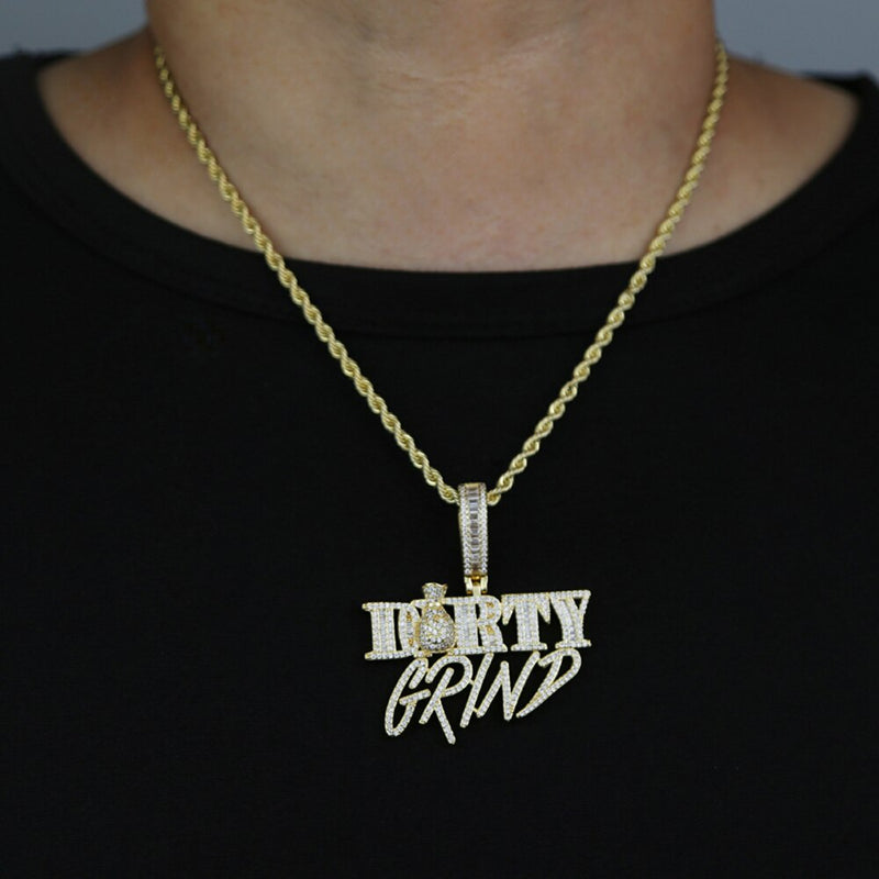 Silver Iced Out Bling Money Grind Pendant Necklace with Cubic Zirconia, Cursive Letters Charm for Men