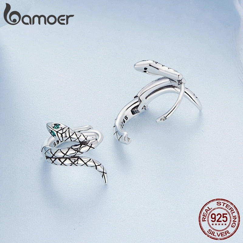 Sterling Silver Snake Hoop Earrings with Green Zircon for Women